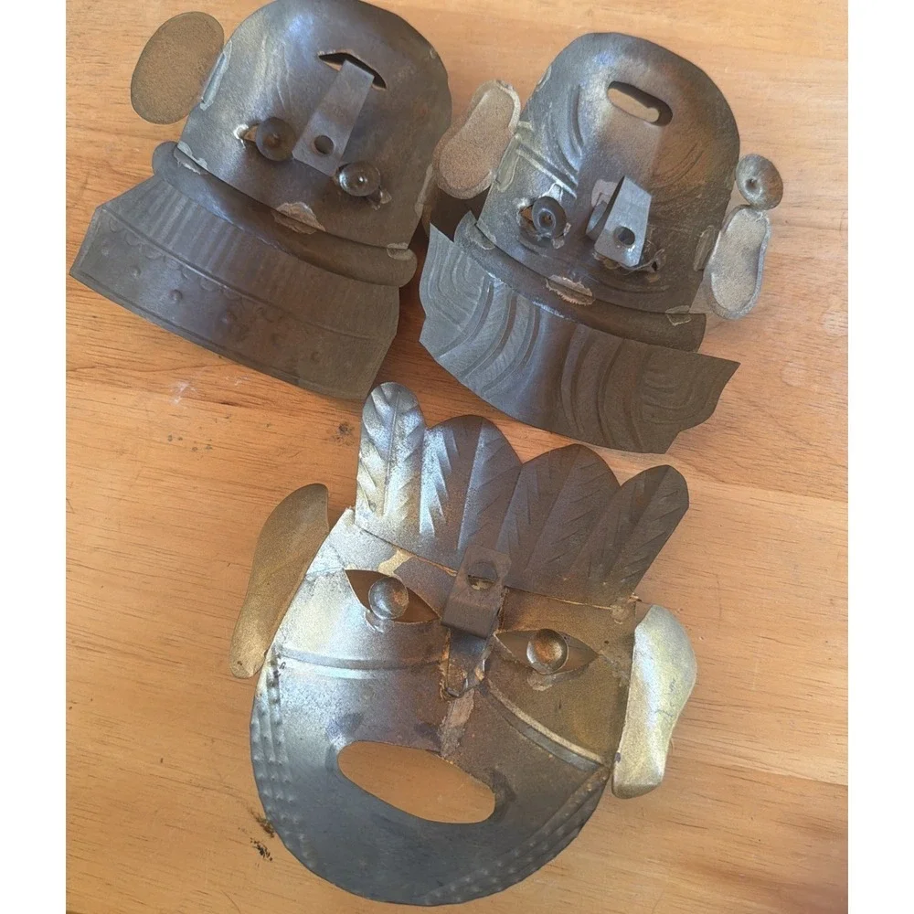 3 VNTG Mexican Tin Metal Masks Beaded Eyes Folk Art Primitive Style Tribal 6